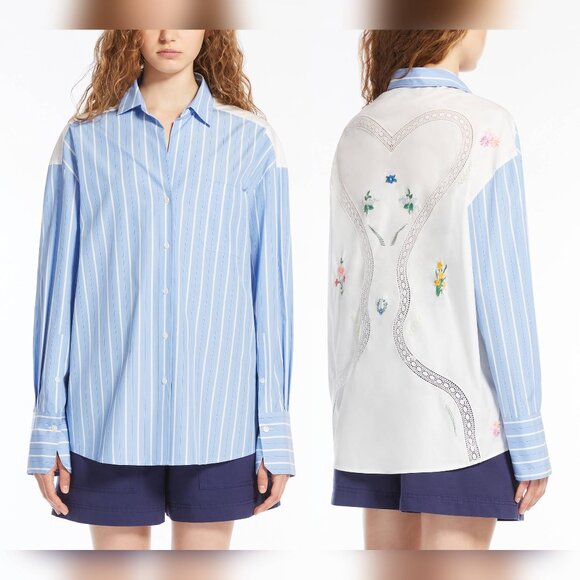 Weekend Max Mara Nadar Light Blue Striped Embroidered Cotton Poplin Shirt - Picture 1 of 16
